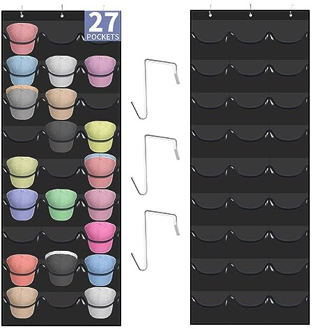 Hutablage für Baseballkappen, 27 Taschen, über der Tür, Baseballmützen-Organizer, passende Hutaufbewahrung für Schrank, Wandhalterung, Tasche mit großen Taschen und 3 Haken, Huthalter, Aufhänger zur