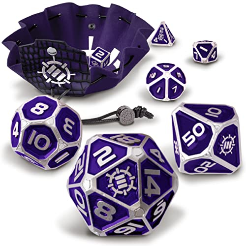 ENHANCE Würfelset aus Metall – 7 polyedrische Würfel mit 2-in-1-Würfeletui und Würfeltablett aus veganem Leder, Würfel aus massivem Metall für Dungeon and Dragon RPG (Lila Sammleredition)