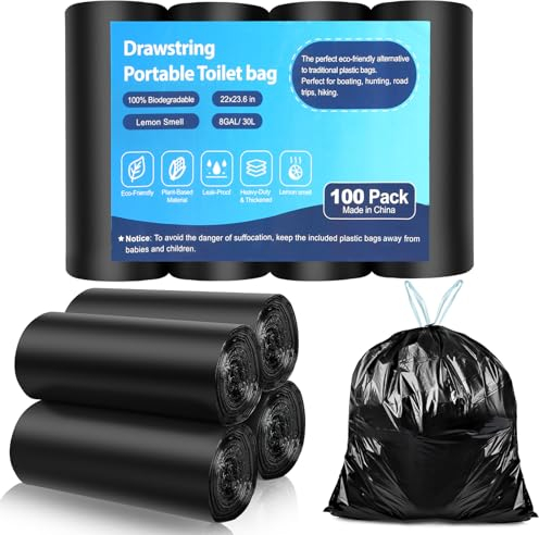 100 Portable Toilet Bags, Drawstring Biodegradable Camping Potty Bags 8 Gallon Camping Toilet Waste Bags for 5-8 Gallon Bucket Toilet Adults Outdoor Camping Car