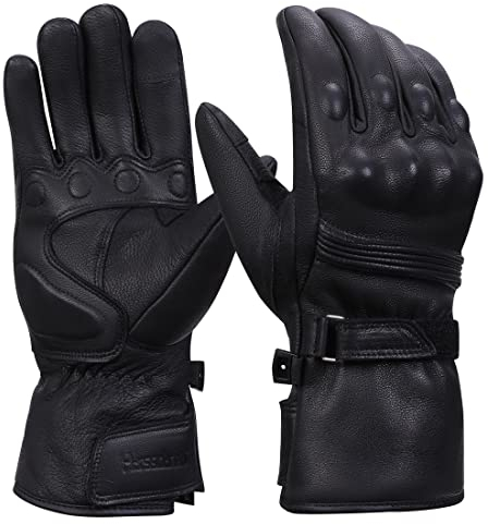 Harssidanzar Herren Motorrad Handschuhe,Winter echtes Leder Vollfinger Touchscreen Thermisch gefüttert mit Wasserdichten Thinsulate Motorrad Motorrad Reithandschuhen KM048,Schwarz,Größe XS