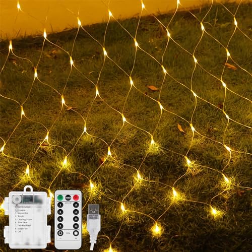 1.7m x 1.5m Christmas Net Lights Battery Operated 100 LED Fairy Lights Waterproof String lights with 8 modes for Outdoor Indoor Tree Bushes Garden Wall Christmas Decorations - Warm White (1PCS)