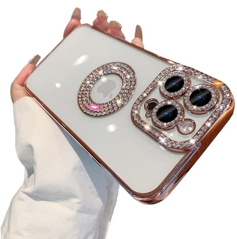Faneiy for iPhone 14 Pro Case with Bling Glitter Rhinestones Diamond,Clear Cute Sparkly Aesthetic Rose Gold Phone Case,Luxury Plating Electroplate Case for iPhone 14 Pro