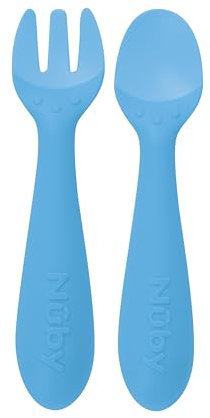 Nuby Silicone Easy Grip Fork & Spoon Set, BPA Free, 12+m in Blue