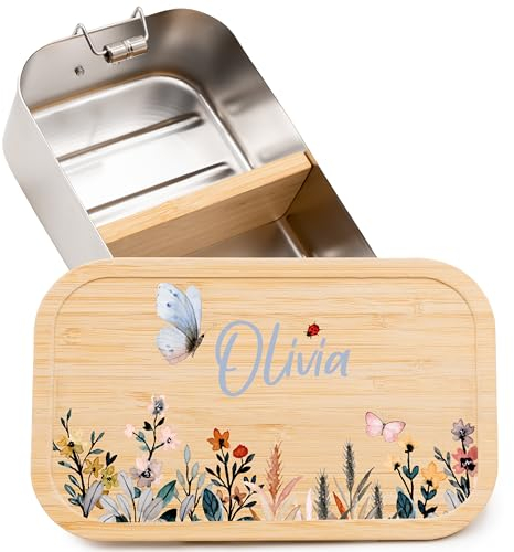 Kidsmood - Personalisierte Brotdose Kinder mit Fächern, Edelstahl Lunchbox mit Bambusdeckel | Schadstoffrei bedruckt, mit niedlichem Tier-Motiv & Namen, Geschenke zur Einschulung Mädchen & Jungen