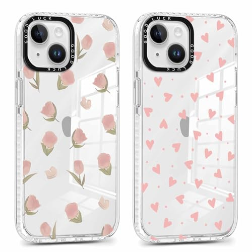 Xylota 2 Pezzi Cover per iPhone 15 Plus 6,7,Trasparente Aesthetic Disegni Fiori Cuori Ragazze Donne Custodia, Morbida Silicone Ultra Sottile TPU Bumper Antiurto Protettiva Case per iPhone 15 Plus, 17