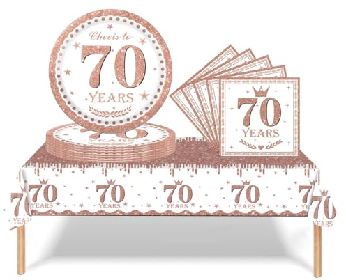 37Pcs 70th Birthday Tableware Set Rose and Gold,70th Birthday Decorations with Party Paper Plates and Napkins,Plastic Table Cloth for Her Women Happybirthday Table Decoration Dinnerware Supplies