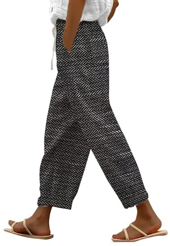 Damen Leinen Baumwolle Hose Leicht Sommer Stoffhose Linen Dünne Lockere Pants mit Tunnelzug und Taschen Lässige Loose Fit Haremshose Caprihose Leichtgewicht Freizeithose Strandhose (Black, L)