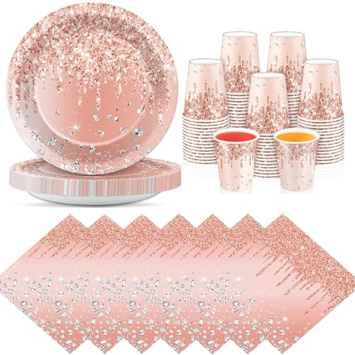 Daover 72pcs Pink Party Tableware Set, Pink Paper Plates Cups and Napkins, Party Supplies for Wedding, Picnic, BBQ, Restaurant and Party Supplies Table Decorations (Rose Gold)