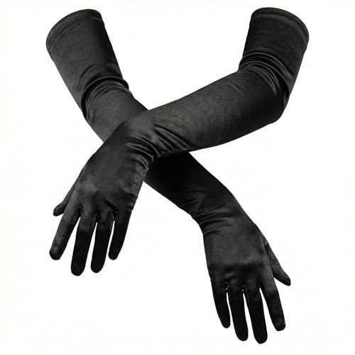 HLMYER Black Satin Long Gloves for Women - 21 Inch Opera Length Stretchy Elbow Gloves for 1920s Flapper Costume, Wedding, Ballroom & Evening Party