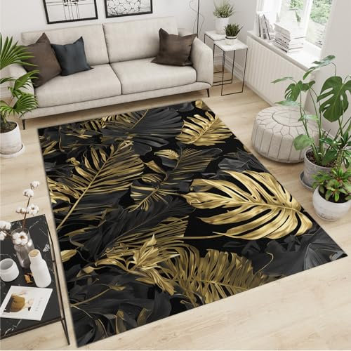 FACADUP Palm Leaves Small Rug 50x80cm Tropical Rainforest Giant Leaves Rugs, Luxury Gold Palm Leaves Rugs, Hallway Entrance Rug Anti-Slip Throw Floor Rug for Bathroom Laundry Room Kitchen