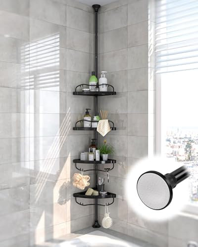 Sempicad Duschablage ohne Bohren, Teleskop Duschregal 137-317CM, Badregal Stehend Eckregal mit 4 Körben Teleskopregal Rostfrei Shower Shelf für Badewanne und Badezimmer Schwarz