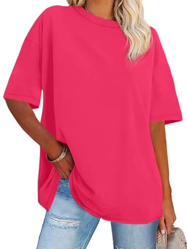 Womens Oversized Tshirt Graphic Tees Crew Neck Summer Short Sleeve Loose Fit Tops, Pure Rose Pink, S