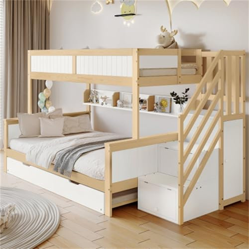 Etagenbett 90x200&120x200 cm mit Fallschutz Kinderbett für Dreibettzimmer Hochbett mit Rollbett Kleiderschrank Ecktreppe Familienbett Treppe mit Stauraum Bodenbett Weiß