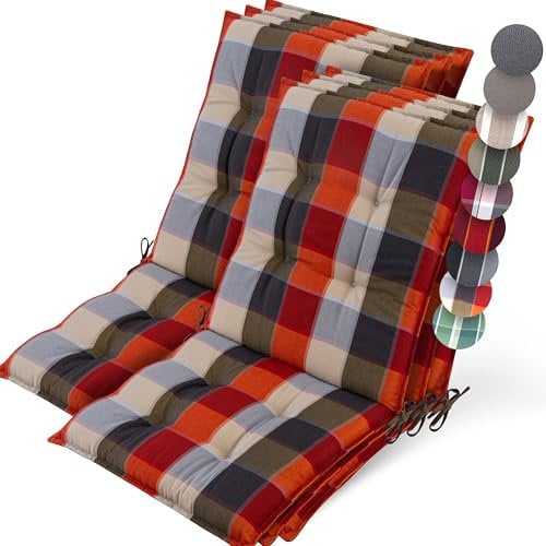Beautissu 6er Set Premium Niedriglehner Auflage Gartenstuhl 100x50cm Sun-NL – 8cm Dick Polster Gartenstuhlauflage rutschfest Befestigungsbänder UV-Lichtechtheit 5 – Robust Orange-Beige kariert