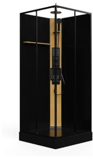 Vente-unique - Cabine de douche hydromassante carrée avec panneau en bambou - Noir - L90 x l90 x H225 cm - DESULO