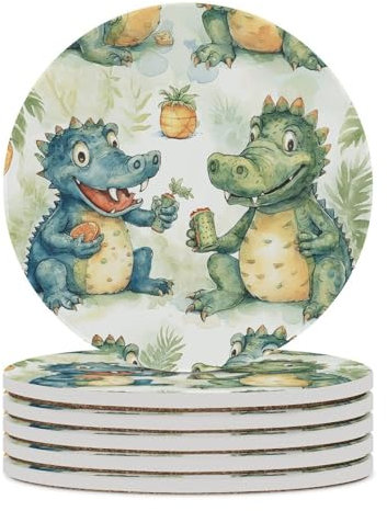Crocodile Friends Lot de 6 dessous de verre absorbants en céramique avec base en liège antidérapant pour boissons, boissons, décoration de table basse