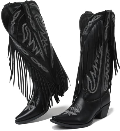 Grakihily Cowgirl Boots for Women Retro Pointed Toe Pull On Block Chunky Heel Embroide Tassel Country Concert Outfits Mid Calf Western Fringe Cowboy Boots, Pu./Black, 6 UK