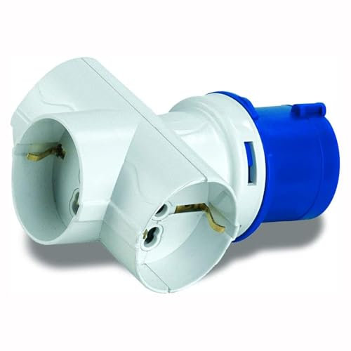 Adattatore da spina industriale CEE 220V 230V 3 Poli 2P+T a 3 prese schuko bipasso bivalente 10A/16A, IP20, uso interno, blu
