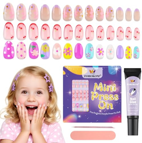 78PCS Press on Nails for Kids, TOROKOM Cute Fake Nails Glue on Nail Short Almond False Nail Art Gift for Girls14+ Age with Nail Adhesive Tab & Quick-dry Nail Glue (3 Pack, Flower Cherry)