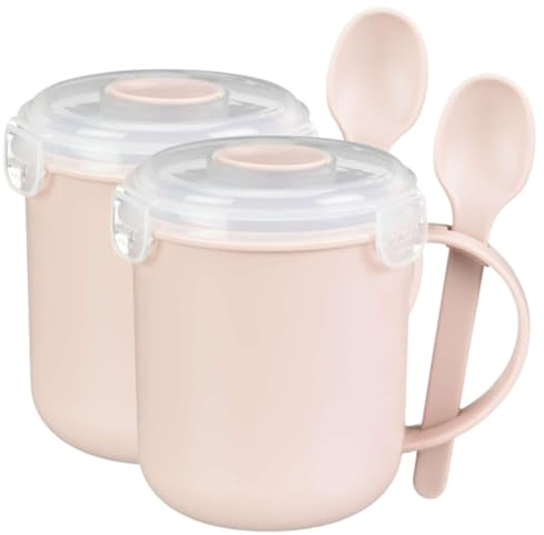 Microwaveable Soup Mug with Spoon x Pack of 2 - Pink - Great for Microwaving Soups, Meals & Beverages - Ideal for Work, School & Travel or on The Go - Bpa Free