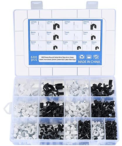 Round Cable Clips, 600 PcsCable Wire Clips Clamps with Nails Assortment, Cable Tidy Wall Clip for Ethernet Telephone TV Wire Cables Fixing Clip - Black, White, 4mm/5mm/6mm/7mm/8mm/10mm/12mm