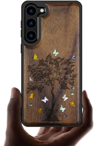 Carveit Hülle für Samsung S23（Nussbaum-Der Zentangle-Setzling） | Cover [Holzgravur & Muschel inlay] Einzigartiges Kunstwerk Handyhülle Kompatibel mit Galaxy S23 Case Holzdesign