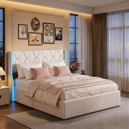 HYNHXBP Lit Coffre 140x190 avec Sommier, Lit Double en Velours Beige avec LED RGB, Tête de Lit Capitonnée à Détails Dorés, Grand Rangement Hydraulique, pour Adultes et aux Adolescents,Velours Beige