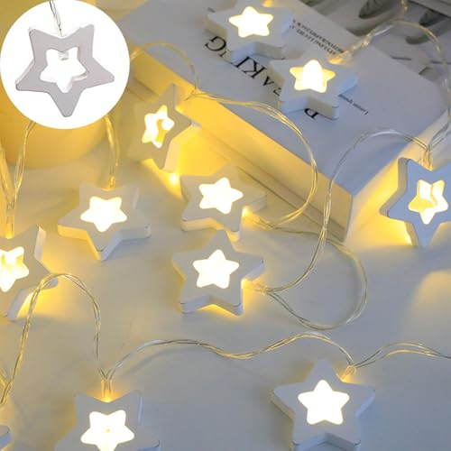 Koboko Lichterkette Sterne aus Holz, 1,5M 10 LED Stern Lichterkette Batteriebetrieben, Warmweiße Sternenlichterkette, Weihnachts Lichterketten Innen, Weihnachten Deko Lichter für Schlafzimmer,Hochzeit