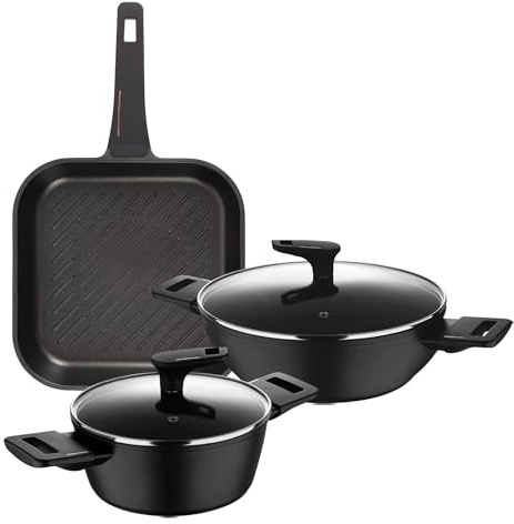 Set mit 2 niedrigen Kochtöpfen Ø 20 cm (2,2 l) + Ø 28 cm (4,2 l) mit Deckeln aus geschmiedetem Aluminium + Grillpfanne 28 x 28 cm aus Aluminiumguss. Bergner