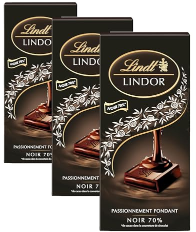 Lindt - Tablette LINDOR - Chocolat Noir 70% Cacao - Cœur Fondant, 145g (Lot de 3)