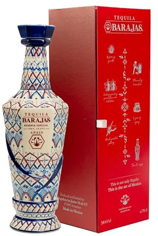 Barajas Reserva Especial Anejo Tequila, Decorative Ceramic Bottle with Traditional Mexican Pattern, 670ml, 38.5% Vol