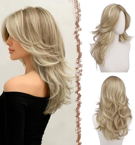 FESHFEN Goldblond Highlights Layered Perücken mit Vorhang Pony, 50 cm Lange Mittelscheitel Lockige Perücke für Frauen Synthetische Hitzebeständig Haar Wig täglich Party Cosplay tragen