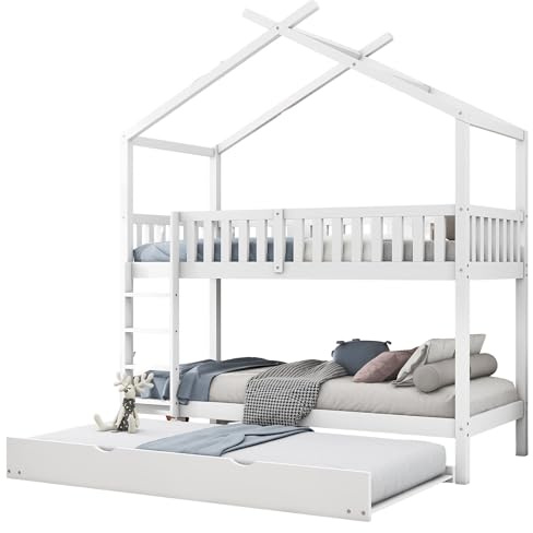 I0I&I0I Kinder Etagenbett mit Zusatzbett， Platzsparendes Hausbett für Geschwister und übernachtungsgäste mit Flexibler umbaumöglichkeit (Weiß)