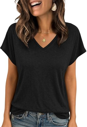 AUSELILY T Shirts for Women UK Short Sleeve V Neck Slim Fit Stretch Tops Casual Elegant Basic Tee
