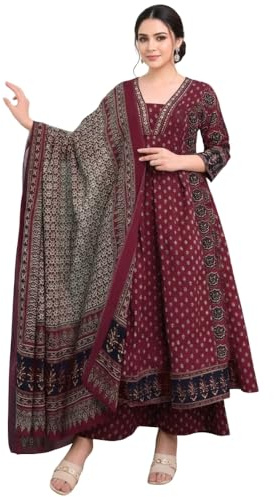 Anarkali Kurta Set for Women Rayon Printed Anarkali Kurti Pant Dupatta Set 3/4 Sleeve Maroon Festive Wear(X-Large)