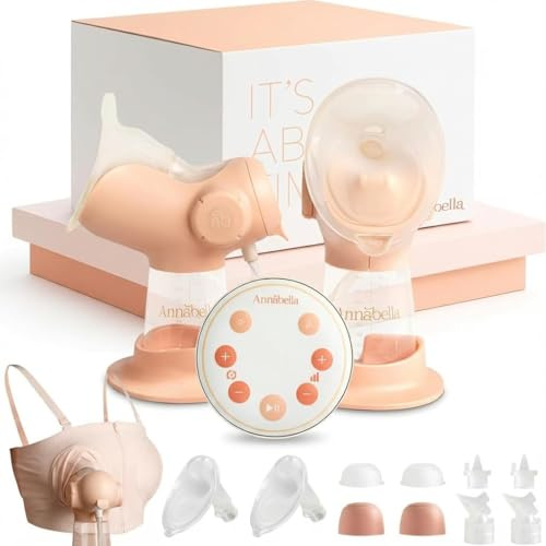Annabella Breast Pump with Hands Free Pumping Bra - Innovative Baby Tongue Simulation Electric Breast Pump, Adjustable Shield (18–24mm), Quiet, Comfortable & Portable (Double)