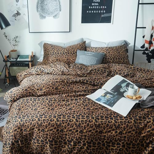 Lanqinglv Leopard Duvet Cover Set Double Bed Cheetah Print Bedding Set | Duvet Cover Double 200x200 with Zipper Closure,2 Pillowcases 50x75cm,Corner Ties,All Season,Oeko-Tex certified,Great Gift