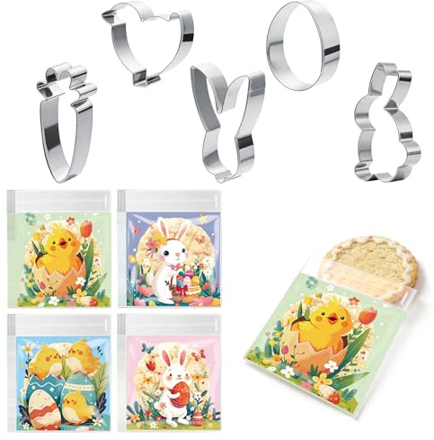 Easter Cookie Cutters 5PCS with Easter Bags 100PCS – Stainless Steel Biscuit Cutters Set with Easters Candy Bags for Baking, Egg, Bunny, Chick, Carrot