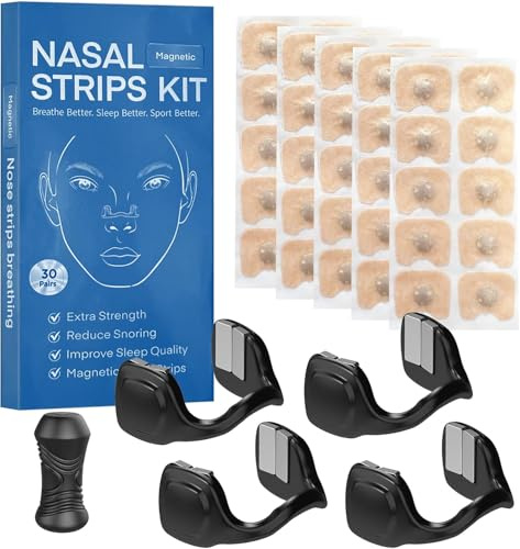 60 Bande Nasale Magnétique,Anti ronflement,Bande avec Aimant Puissant pour Respiration Efficace par le Nez,Aimant Nez Respiration Avec 4 Pinces Nasales Tailles Différentes,pour Sommeil et Sport(Black)