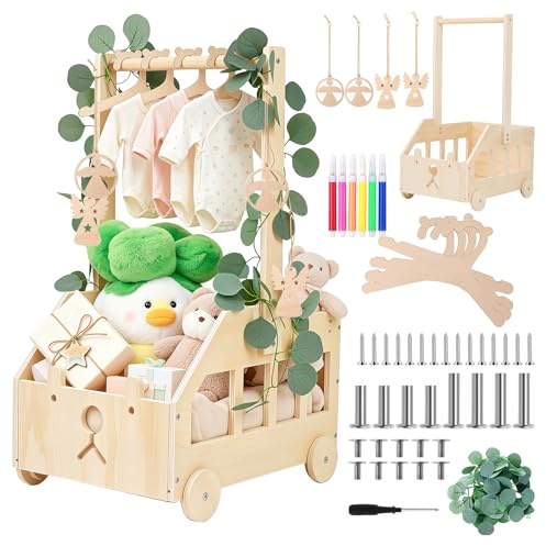 Cesta De Madera Para Bebé, Regalo Para Recién Nacido Niño Niña, Canastilla Baby Shower, Diseño Osito, Con Perchero y Ruedas, Decoración Para Habitación Infantil, Color Natural