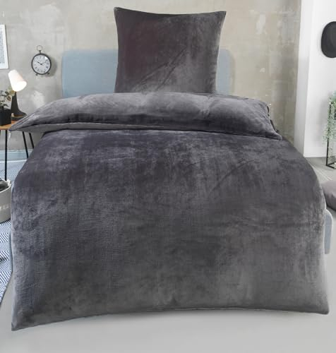 DreamHome Winter Wende Plüsch Bettwäsche 135x200 Nicky-Teddy Cashmere Touch Coral Fleece Bettdezug + Kissenbezug 80x80, Farbe:Grau