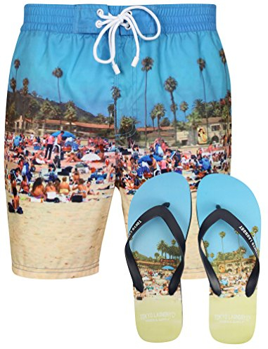 Tokyo Laundry Tiki Beach bedruckte Badeshorts für Herren in Kuba Beach mit passenden Flip-Flops, Größe S-XL Gr. L/XL, Strand-Szene