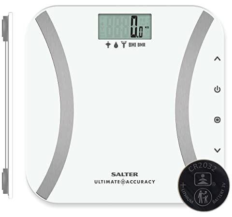 Salter 9173 WH3R Digitale genaue Körperanalyse Badezimmerwaage misst Gewicht, Körperfett/-wasser, Muskel-/Knochenmasse, BMI/BMR, 50g Schritten, 12 BenutzerSpeicher, Sportlermodus, max. 180 kg, Weiß