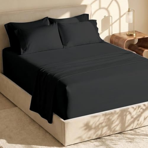Hearth & Harbor Fits Mattress up to 21, Double Brushed Bedding Sheets & Pillowcases, Microfiber, Black, King