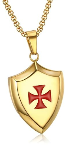 LE BAGACIER - Pendentif Collier Templier Blason Bouclier Croix Pattée Rouge Acier Plaqué Doré Or Ordre du Temple