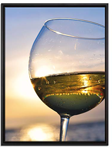 Pixxprint Weingläser Meer Leinwandbild 80x60 cm im Bilderahmen, Wandbild, Schattenfugenrahmen, Kein Poster
