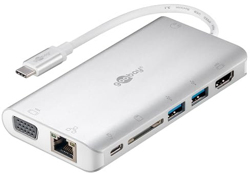 Goobay 49850 USB C Hub Multiport Verteiler 9 Ports HDMI/VGA/USB C PD / 2X USB 3.0 / RJ45 / 3,5 mm Audio/SD & microSD Kartenleser/Aluminium