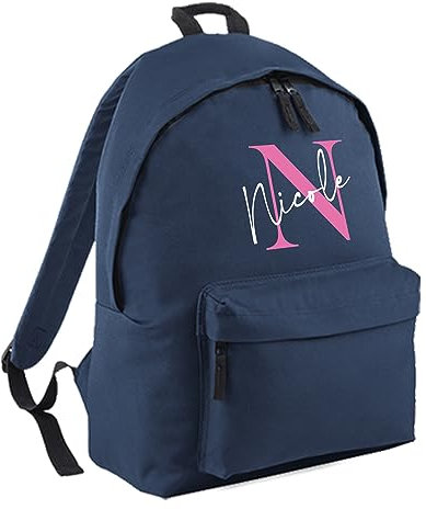 Print Maniacs Personalised Any Name Large 18L Kids Travel Backpack Junior Shoulder Collage Rucksack School Lunch Swimming P.E Laptop Book Bag (Navy, Pink/White Text)