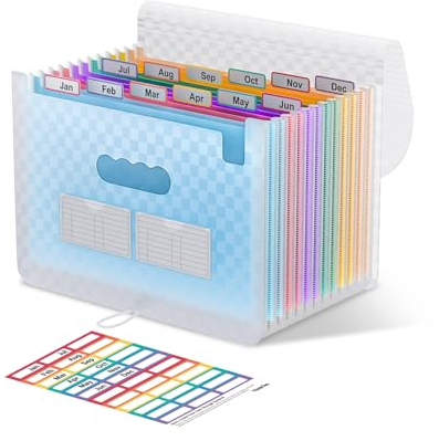 ThinkTex Accordian Aktenordner, 12 Fächer, erweiterbare Aktenordner, tragbarer monatlicher Rechnungsbeleg-Organizer, bunte Registerkarten, A4-Größe – Blau