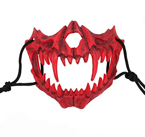 Nincee Japonais Halloween Masque Tigre Masque - Demi Visage Résine Rouge Effrayant Crâne - Halloween Décor Masque - Adulte Cosplay Nouveauté Masque